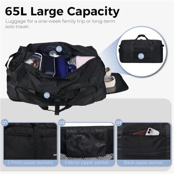 65L Travel Duffle Bag Foldable Water Resistant Large Gym Sports Overnight Bag - Picture 5 of 7